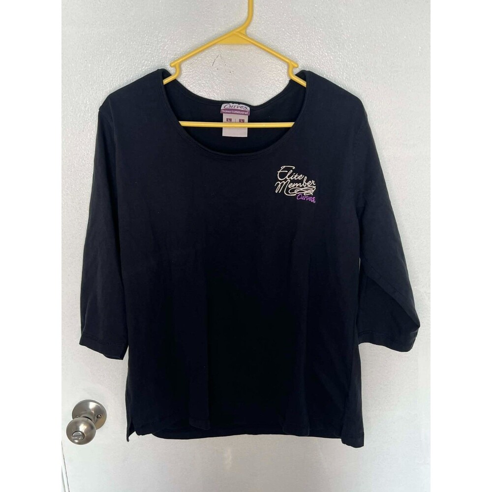 Curves Womens L Black Sleeve Top Elite Member Embroidered Casual Shirt